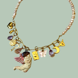 Pink pearl Angel charm necklace